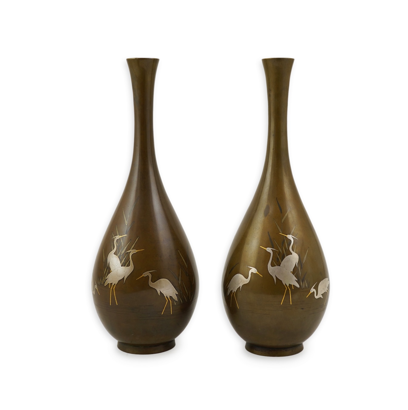 A pair of Japanese bronze and mixed metal inlaid bottle vases, signed Hidemitsu, Meiji period